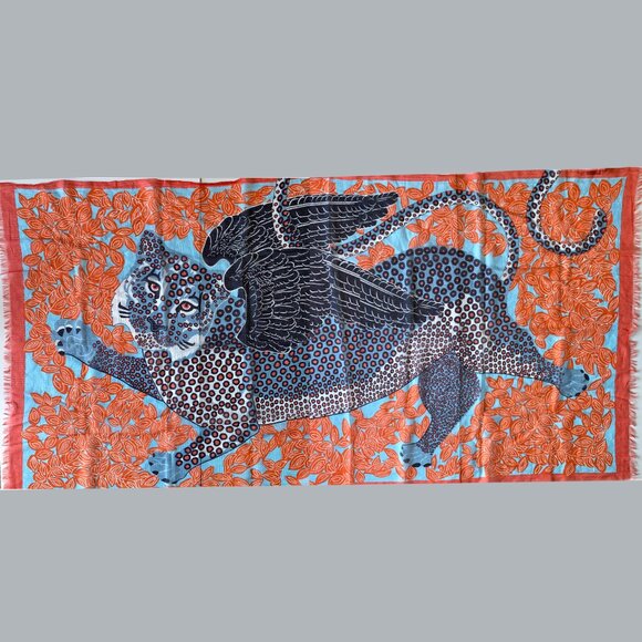Inouitoosh Cotton and Silk Wing Cheetah Orange Blue Scarf 78"x38" - Picture 2 of 8